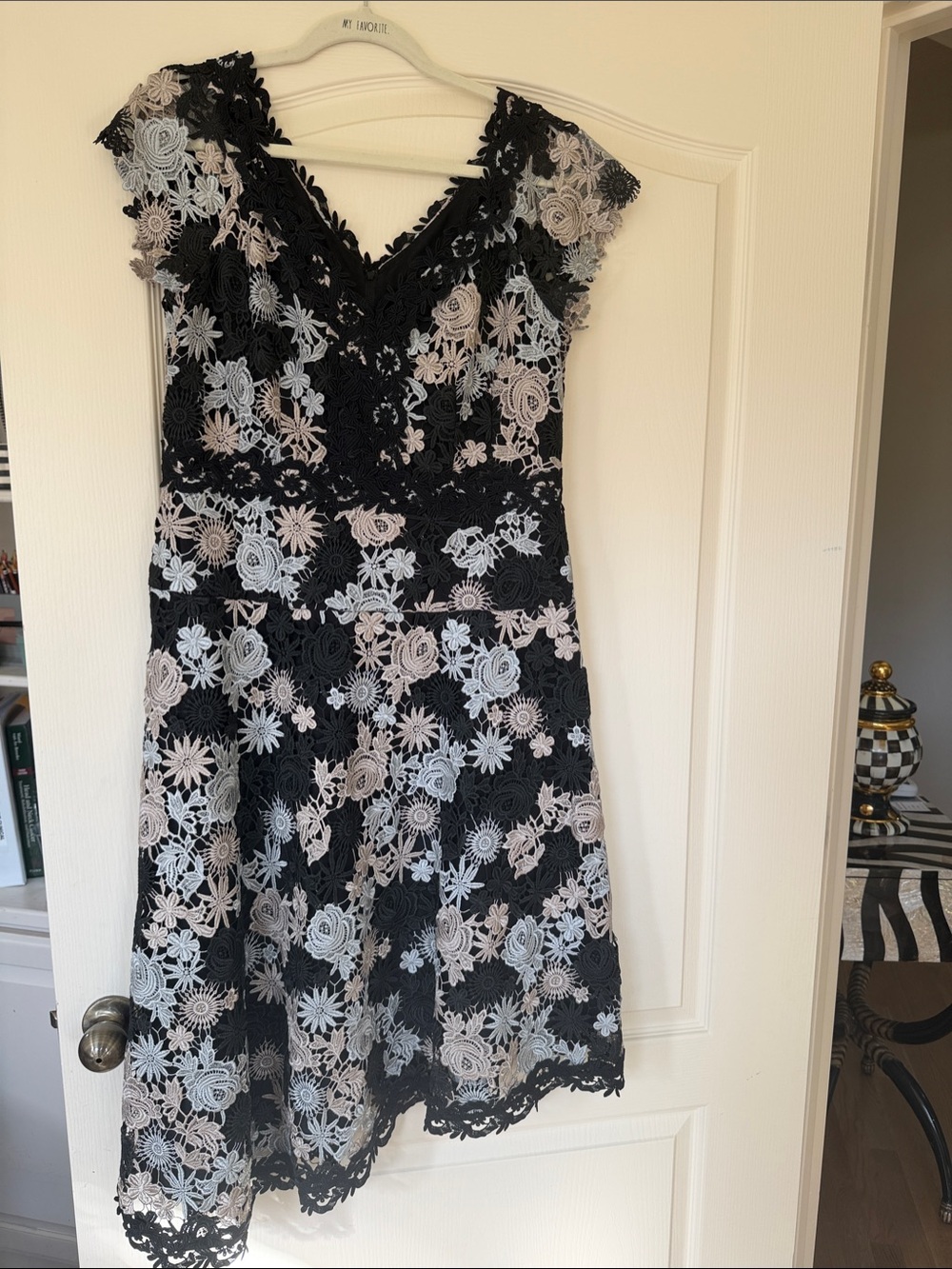 Nanette Lepore Vintage Black Lace Dress with White and Cream Floral Embroidery